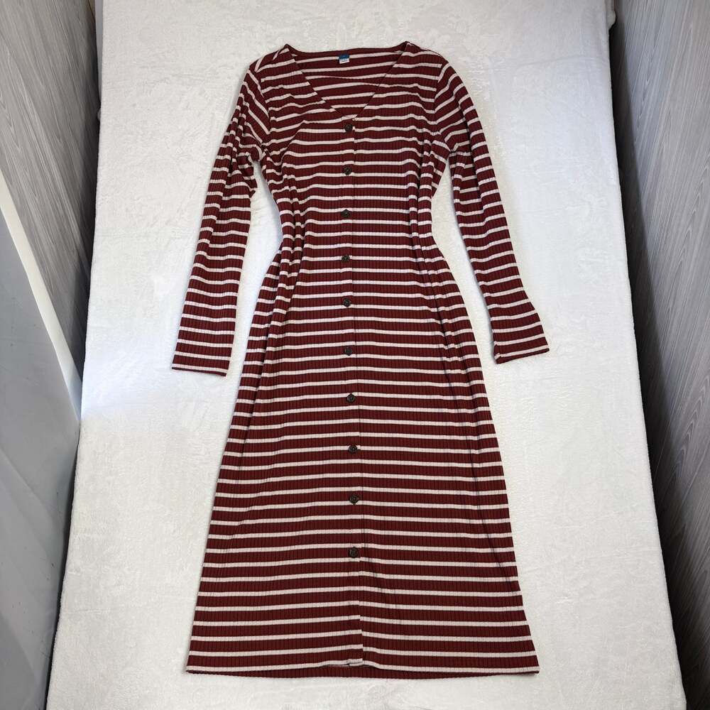 Old Navy Striped Rib-Knit Cardigan Sweater Midi Dress Women's L Red Preppy Fall
